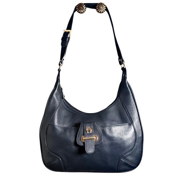 Etienne Aigner Y2K Navy Leather Shoulder Bag Gold Hardware 90s/2000s - Picture 1 of 16